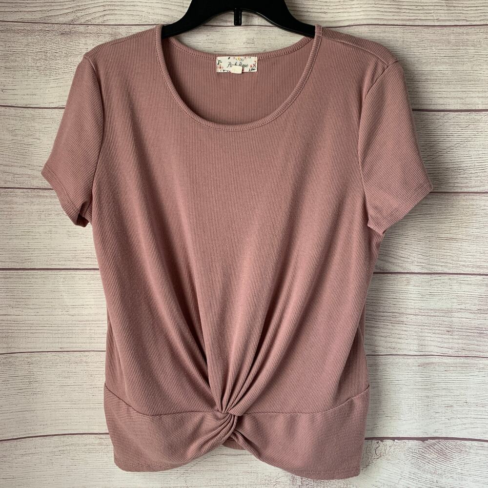 Pink Rose Mauve Pink Ribbed Short Sleeve Blouse Twist Front T-Shirt Size Large
